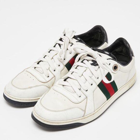 Gucci White/Black Leather Ace Web Detail Low Top Sneakers Size 43 - Picture 2 of 4